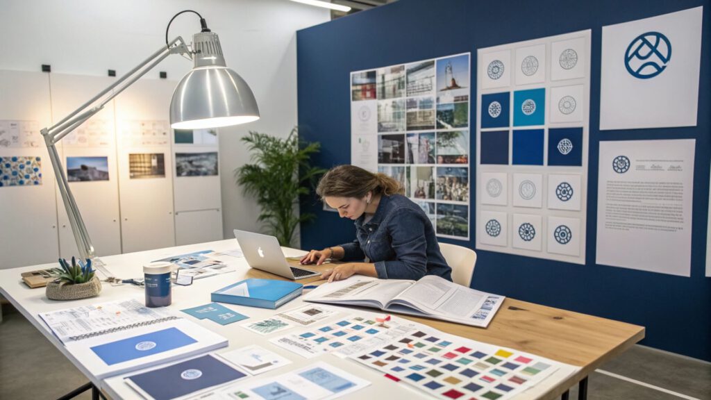 Profesional trabajando en un briefing de branding en una oficina creativa: mesa repleta de bocetos, pantones y muestras de logotipos, con un panel en la pared mostrando distintas propuestas gráficas de marca.