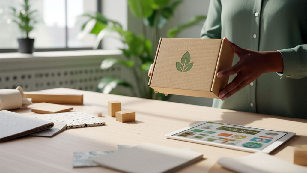 Persona sosteniendo una caja de cartón reciclable con un icono de hoja verde, sobre una mesa de trabajo con muestras de materiales y una tablet, ilustrando el proceso de diseño de packaging para marcas sostenibles.