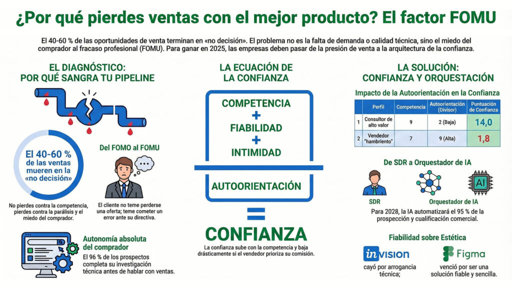 Infografía que explica por qué se pierden clientes con el mejor producto debido al factor FOMU (miedo al fracaso profesional), detallando la ecuación de la confianza y el impacto de la autoorientación del vendedor.