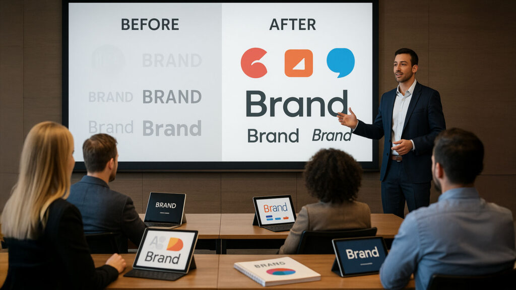 Ejecutivo presentando a un grupo la nueva identidad visual de una marca tras un proceso de rebranding, con ejemplos de logotipos antes y después en pantalla.