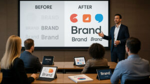 Ejecutivo presentando a un grupo la nueva identidad visual de una marca tras un proceso de rebranding, con ejemplos de logotipos antes y después en pantalla.