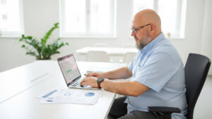 Hombre profesional de unos 50 años trabajando concentrado frente a una laptop en una oficina moderna, utilizando herramientas de inteligencia artificial en el proceso de branding, con documentos y gráficos sobre la mesa.