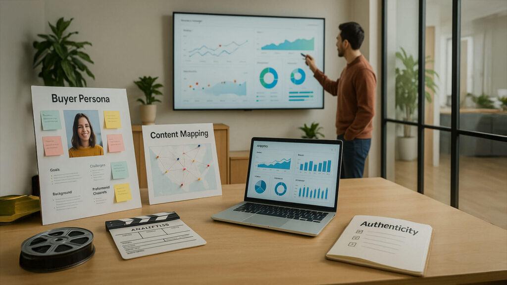 Presentación de estrategia de contenido con buyer persona y analítica digital, destacando el rol del emplazamiento en el marketing.