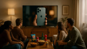 Grupo de personas viendo televisión donde aparece un teléfono móvil en pantalla, ilustrando un caso de emplazamiento de producto en medios audiovisuales.