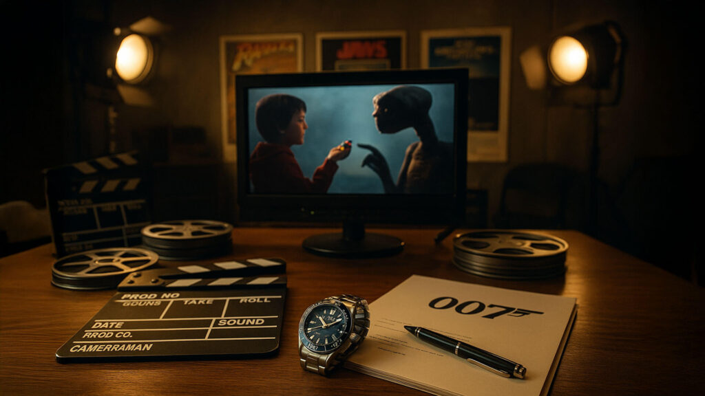 Escena de película en pantalla con objetos de marca reconocible en un set de grabación, ejemplo clásico de emplazamiento de producto en cine.