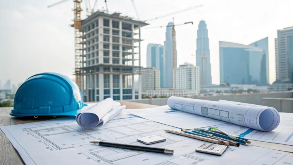 Planos arquitectónicos, casco de seguridad y herramientas sobre una mesa con rascacielos en construcción al fondo, simbolizando la planificación estructurada detrás de una estrategia de marca.