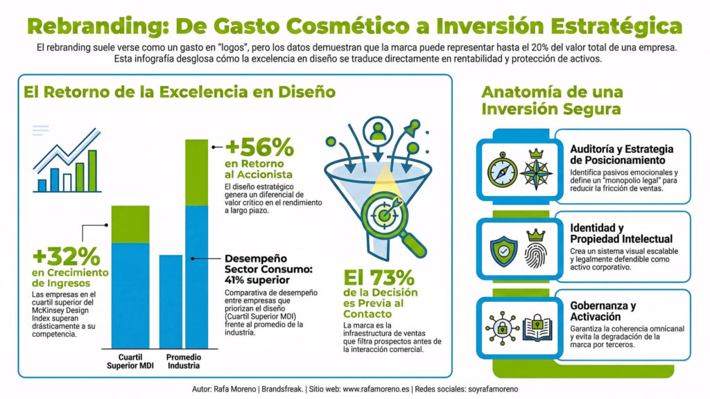 Infografía que detalla qué incluye el rediseño de una marca, desde el diagnóstico y la estrategia de identidad hasta la implementación en diversos puntos de contacto.
