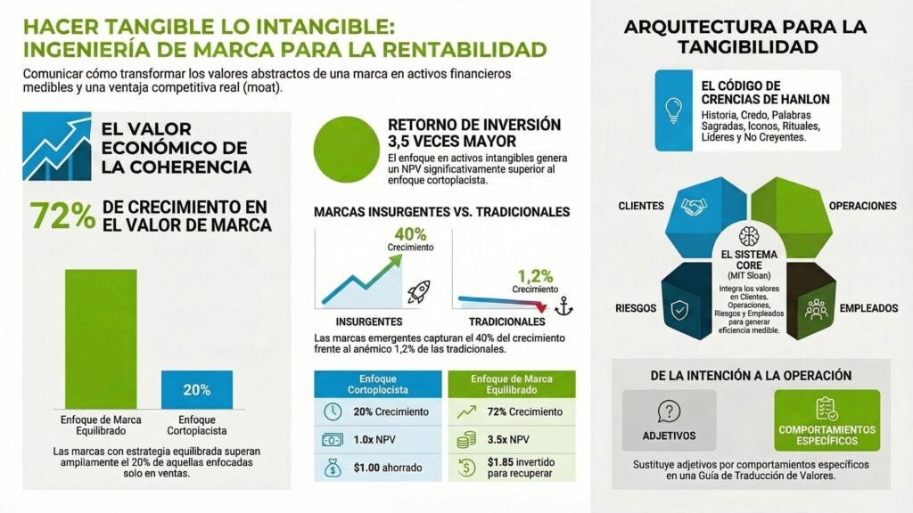Infografía que explica qué valores de marca existen y cómo transformarlos en activos financieros, comparando el crecimiento del 72% en marcas con enfoque equilibrado frente al 20% en enfoques cortoplacistas.