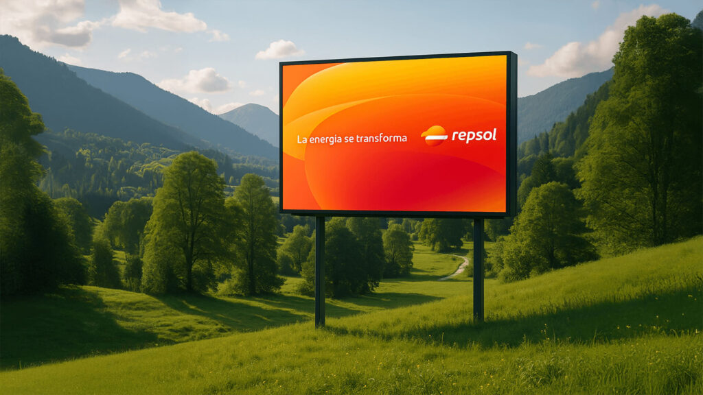 Cartel publicitario de Repsol con el eslogan 'La energía se transforma', sobre un fondo naranja y rojo, ubicado en un paisaje natural con colinas verdes y montañas al fondo.