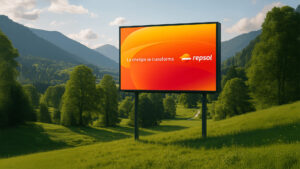 Cartel publicitario de Repsol con el eslogan 'La energía se transforma', sobre un fondo naranja y rojo, ubicado en un paisaje natural con colinas verdes y montañas al fondo.