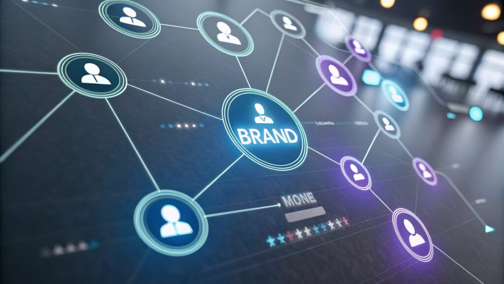 Interfaz digital mostrando una red de usuarios conectados a una marca central, representando el concepto de post branding.