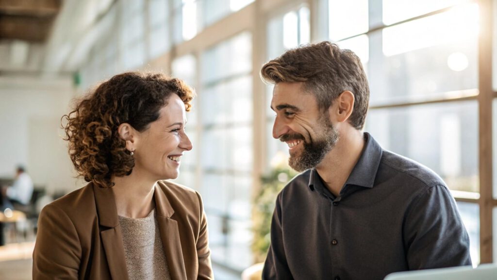 Hombre y mujer sonriendo durante una conversación profesional, reflejando la cercanía y confianza que transmite una marca humana.