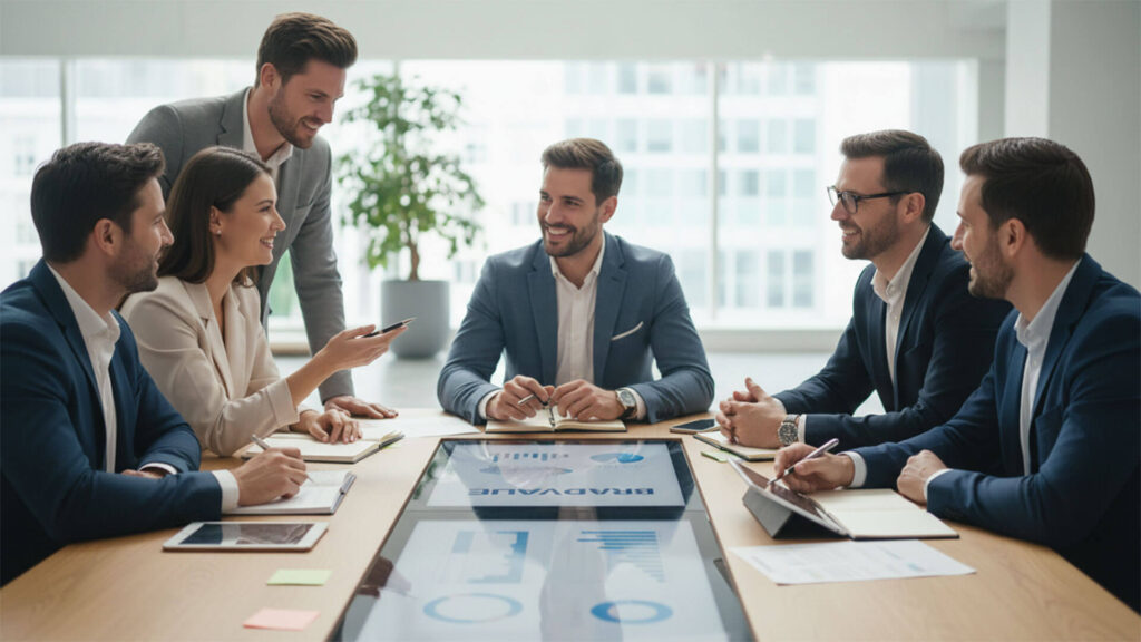 Equipo de profesionales reunido en una sala de juntas moderna, conversando sobre estrategias empresariales relacionadas con los valores de marca y la lealtad del cliente.