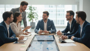 Equipo de profesionales reunido en una sala de juntas moderna, conversando sobre estrategias empresariales relacionadas con los valores de marca y la lealtad del cliente.