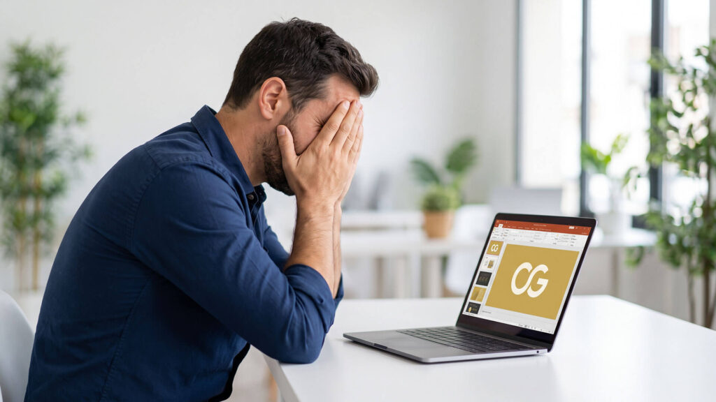 Un emprendedor preocupado con la cara tapada frente a su laptop, ilustrando qué significa que una startup no transmite confianza a los inversores.