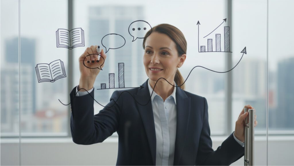 Mujer profesional dibujando gráficos, libros y burbujas de diálogo en un panel de cristal, representando el uso del storytelling en estrategias de branding empresarial.