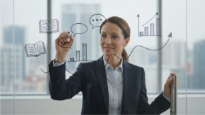Mujer profesional dibujando gráficos, libros y burbujas de diálogo en un panel de cristal, representando el uso del storytelling en estrategias de branding empresarial.
