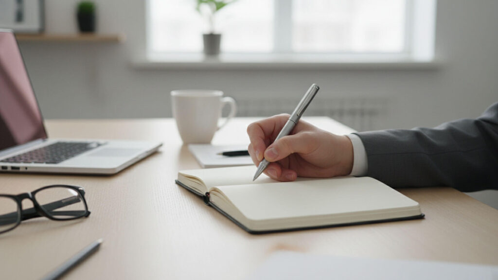 Mano de una persona escribiendo en una libreta Moleskine con un bolígrafo plateado, junto a una laptop, una taza y gafas en un escritorio de oficina.
