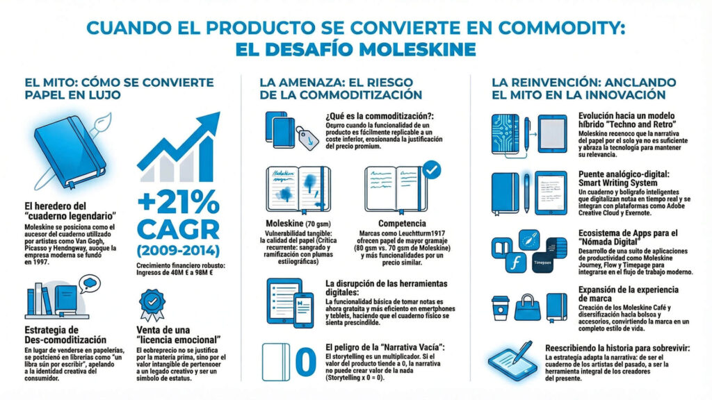 Infografía que explica cómo Moleskine enfrenta la commoditización a través del storytelling de marca, la innovación tecnológica y la expansión de su ecosistema.