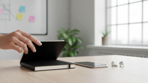 Mano abriendo una libreta Moleskine sobre un escritorio con un smartphone y auriculares inalámbricos, en un ambiente moderno de oficina.