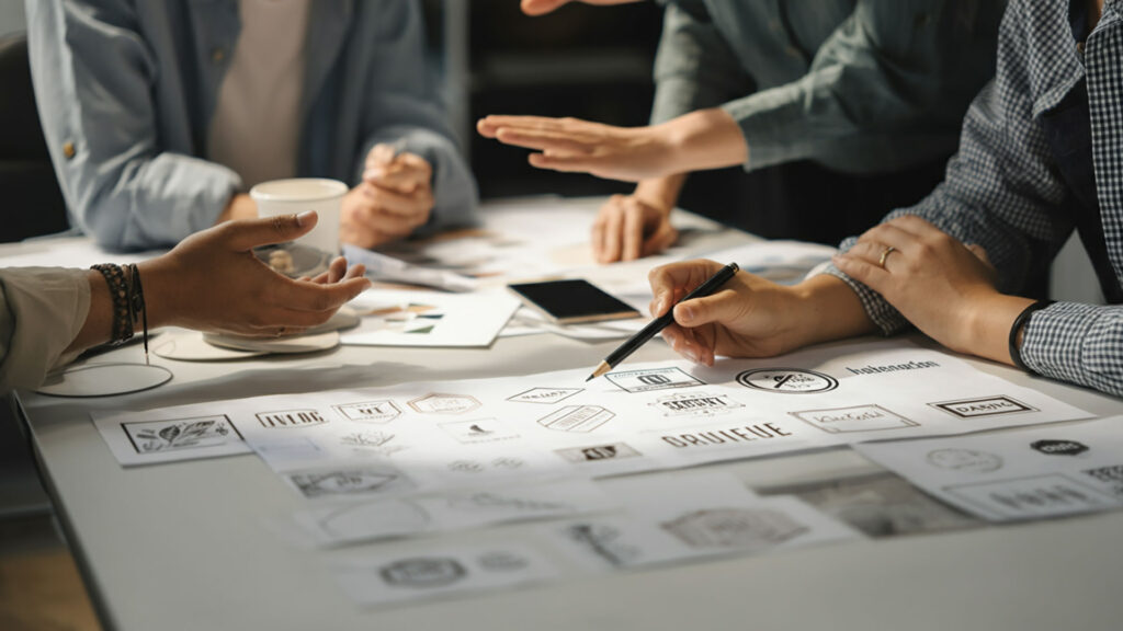 Equipo creativo revisando bocetos de logotipos en una mesa durante una sesión de brainstorming.