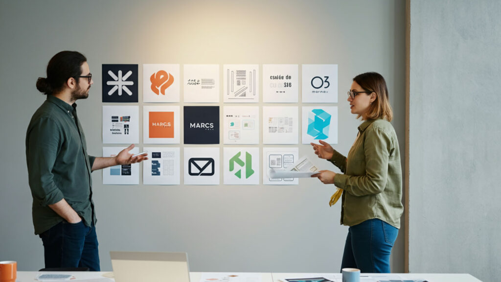 Dos diseñadores analizando y discutiendo una colección de logotipos montados en una pared.