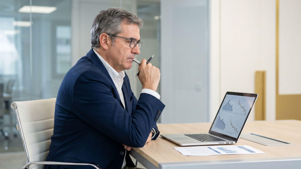 Empresario preocupado analizando gráficos de pérdidas en su laptop, planteando si vale la pena invertir en marca cuando la empresa está en un momento difícil.