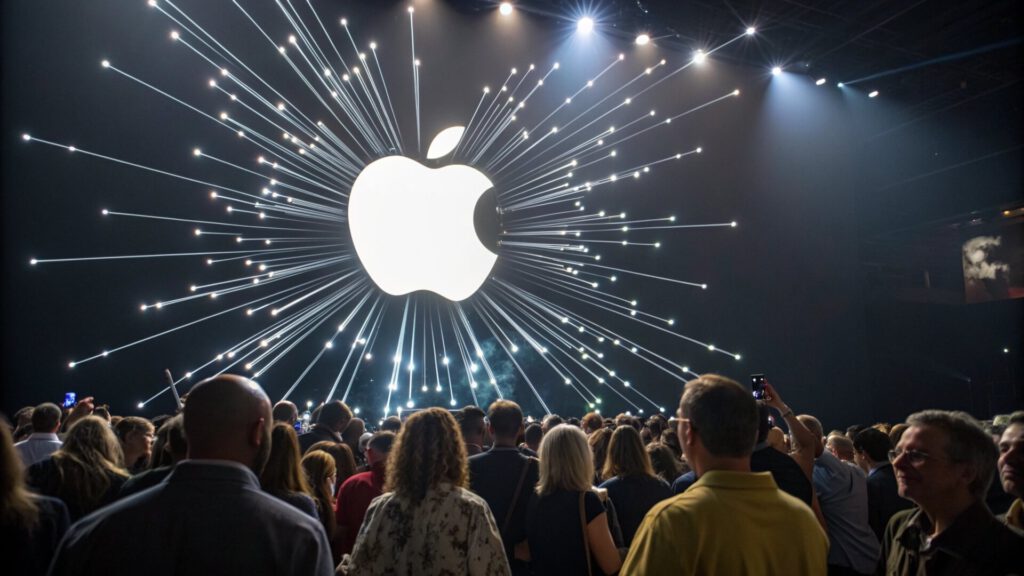 Multitud reunida frente a una gran pantalla con el logotipo de Apple iluminado, simbolizando el impacto y valor de la marca Apple en eventos tecnológicos.