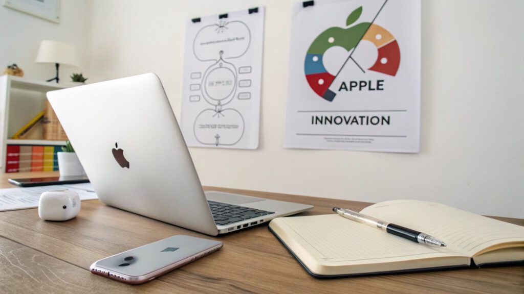 Escritorio con laptop, iPhone y pósters de innovación de Apple, representando cómo el valor de la marca Apple se refleja en la productividad y diseño de sus productos.