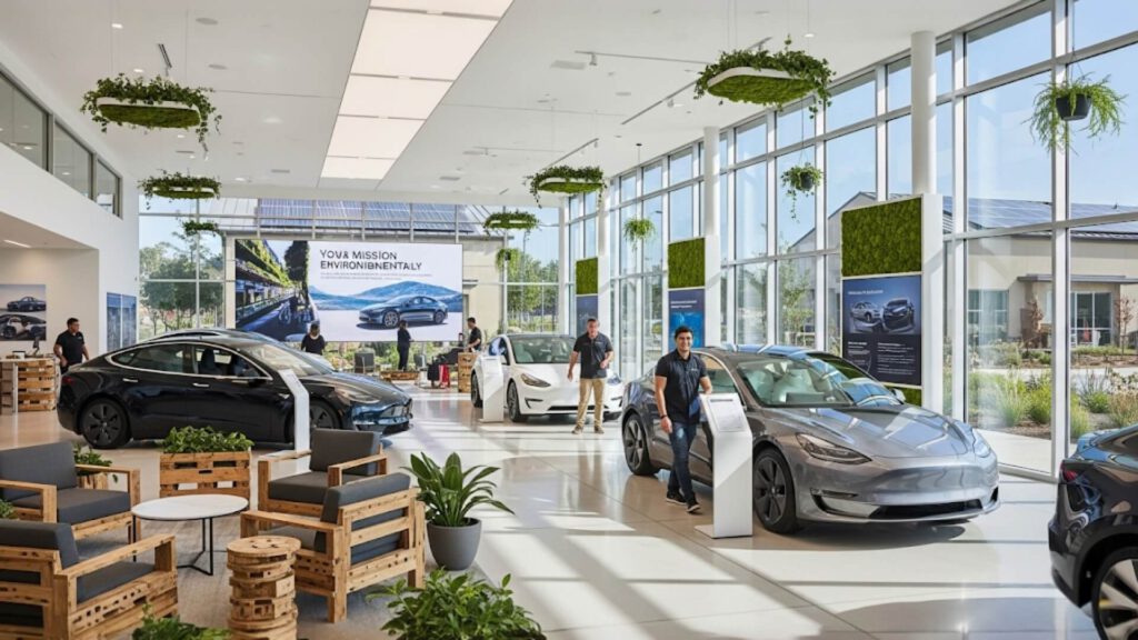Concesionario Tesla moderno con autos eléctricos exhibidos y personal atendiendo a clientes, en un ambiente sostenible con diseño ecológico.
