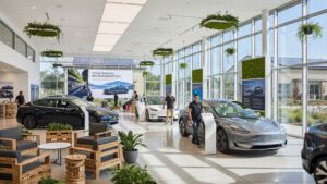 Concesionario Tesla moderno con autos eléctricos exhibidos y personal atendiendo a clientes, en un ambiente sostenible con diseño ecológico.