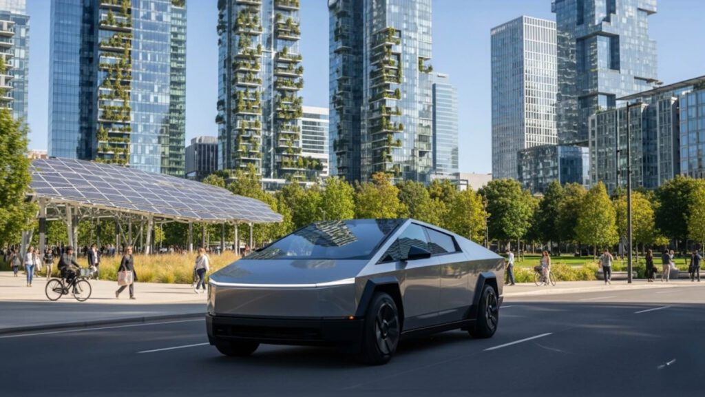 Cybertruck de Tesla circulando por una ciudad moderna con rascacielos y paneles solares, destacando innovación y sostenibilidad.