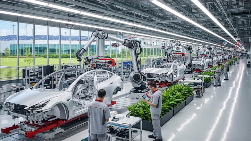 Línea de producción automatizada en una fábrica de Tesla con empleados supervisando el ensamblaje de vehículos eléctricos.