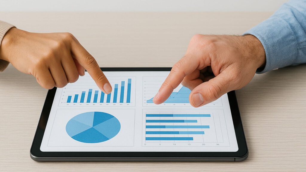 Dos personas señalando gráficos en una tableta con estadísticas y diagramas circulares, analizando resultados de negocio.