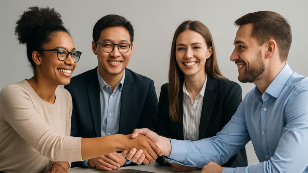 Grupo de profesionales sonrientes dándose la mano durante una reunión de trabajo, simbolizando confianza y éxito empresarial.