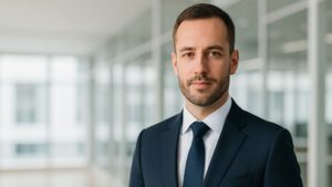 Hombre de negocios con traje oscuro posando con confianza en una oficina moderna, representando liderazgo y profesionalismo.