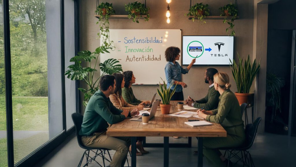 Equipo de trabajo en una sala de reuniones observando una presentación sobre valores de marca con ejemplos de Patagonia y Tesla.