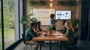 Equipo de trabajo en una sala de reuniones observando una presentación sobre valores de marca con ejemplos de Patagonia y Tesla.