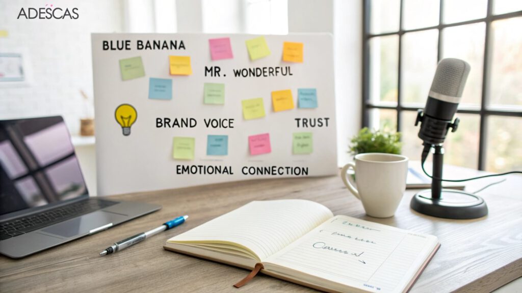 Mesa de trabajo con portátil, micrófono y pizarra con notas adhesivas sobre voz de marca, confianza y conexión emocional.